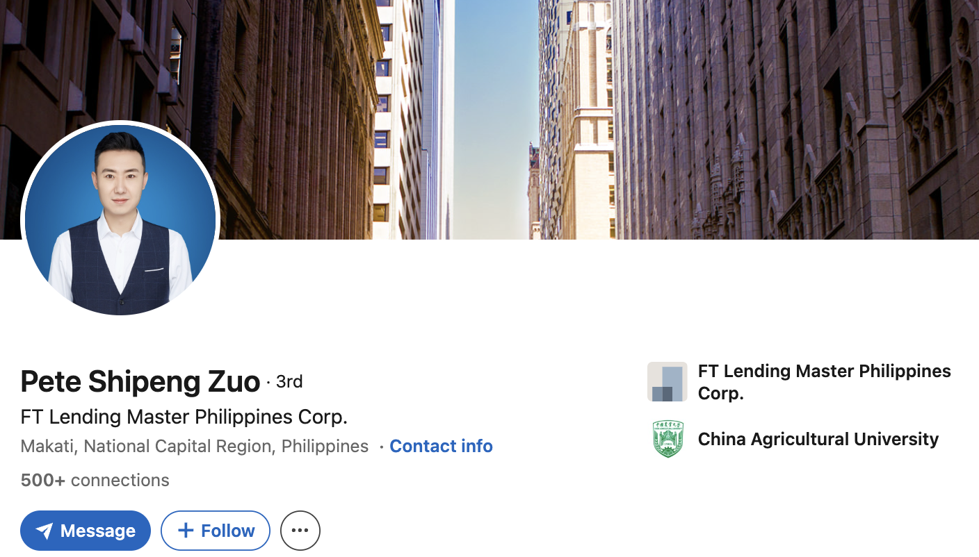 LinkedIn profile screenshot for Pete Shipeng Zuo associated with FT Lending Master Philippines Corp.