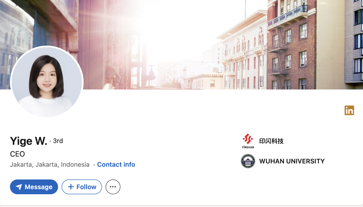 LinkedIn profile screenshot for Yige W. associated with Yinshan Lending Inc.