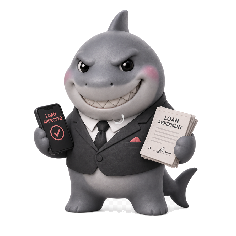 Cartoon loan shark in a suit holding a phone and loan agreement