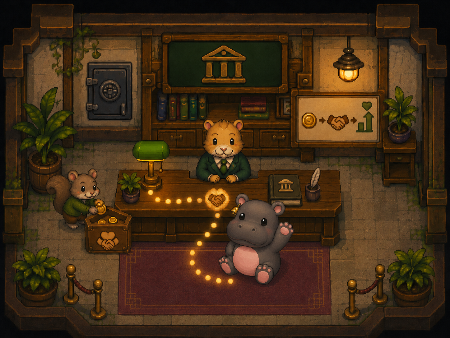 A borrower hippo and a squirrel building trust with a lender at the Moodeng lending desk