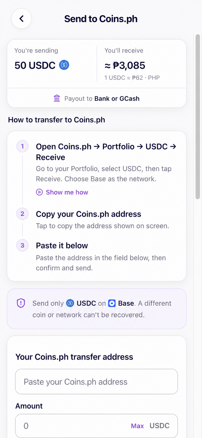 Current Moodeng Coins.ph transfer guide with a peso estimate and Base-network instructions