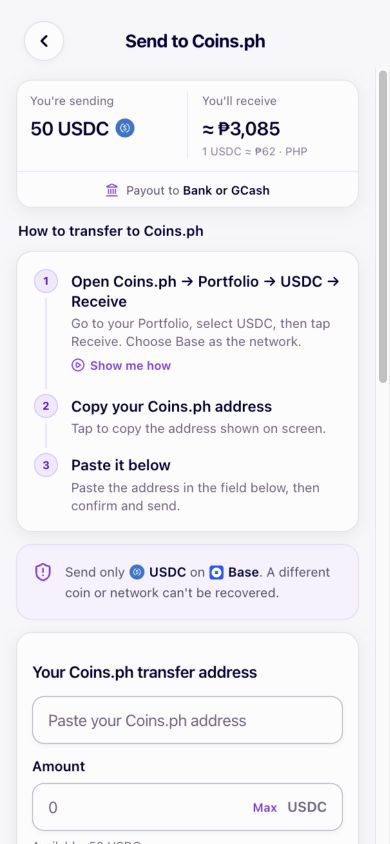 Current Moodeng Coins.ph transfer guide with a peso estimate and Base-network instructions