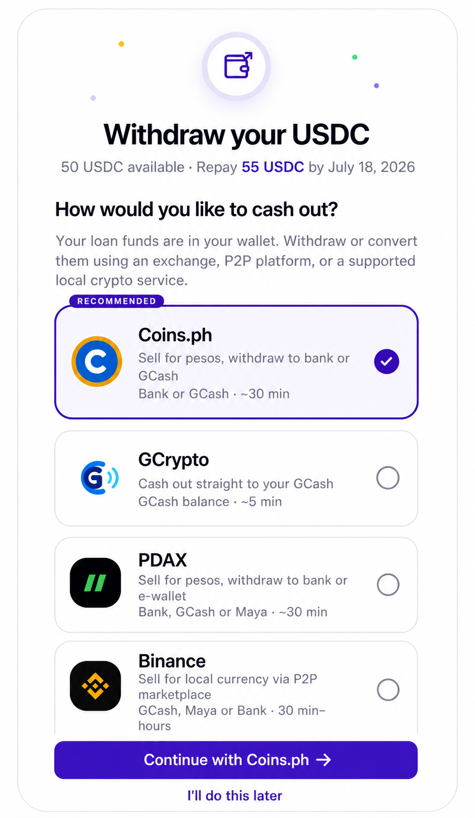 The Moodeng cash-out selector showing Coins.ph, GCrypto, PDAX, and Binance