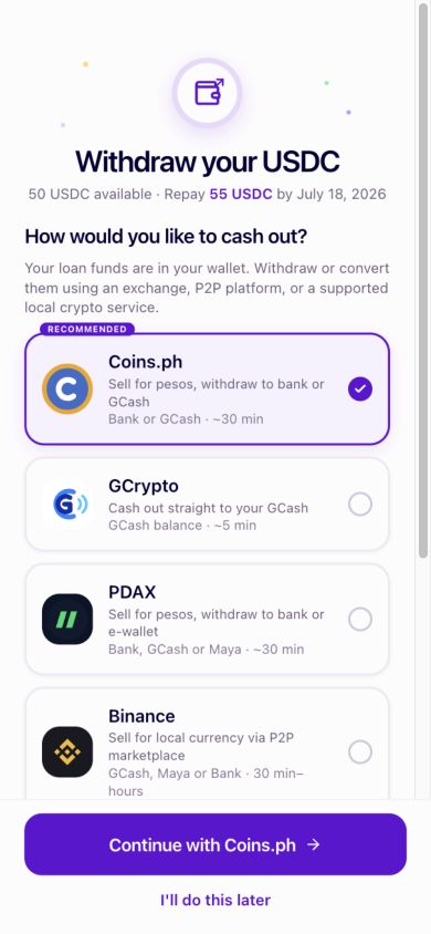 The current Moodeng cash-out selector showing Coins.ph, GCrypto, PDAX, Binance, and Moneybees