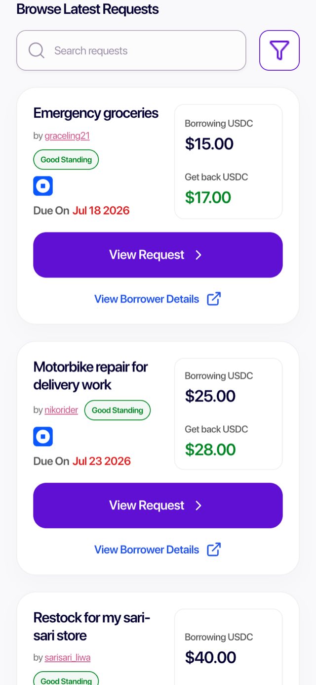 Moodeng lender request board showing requested amounts, expected paybacks, dates, and borrower details
