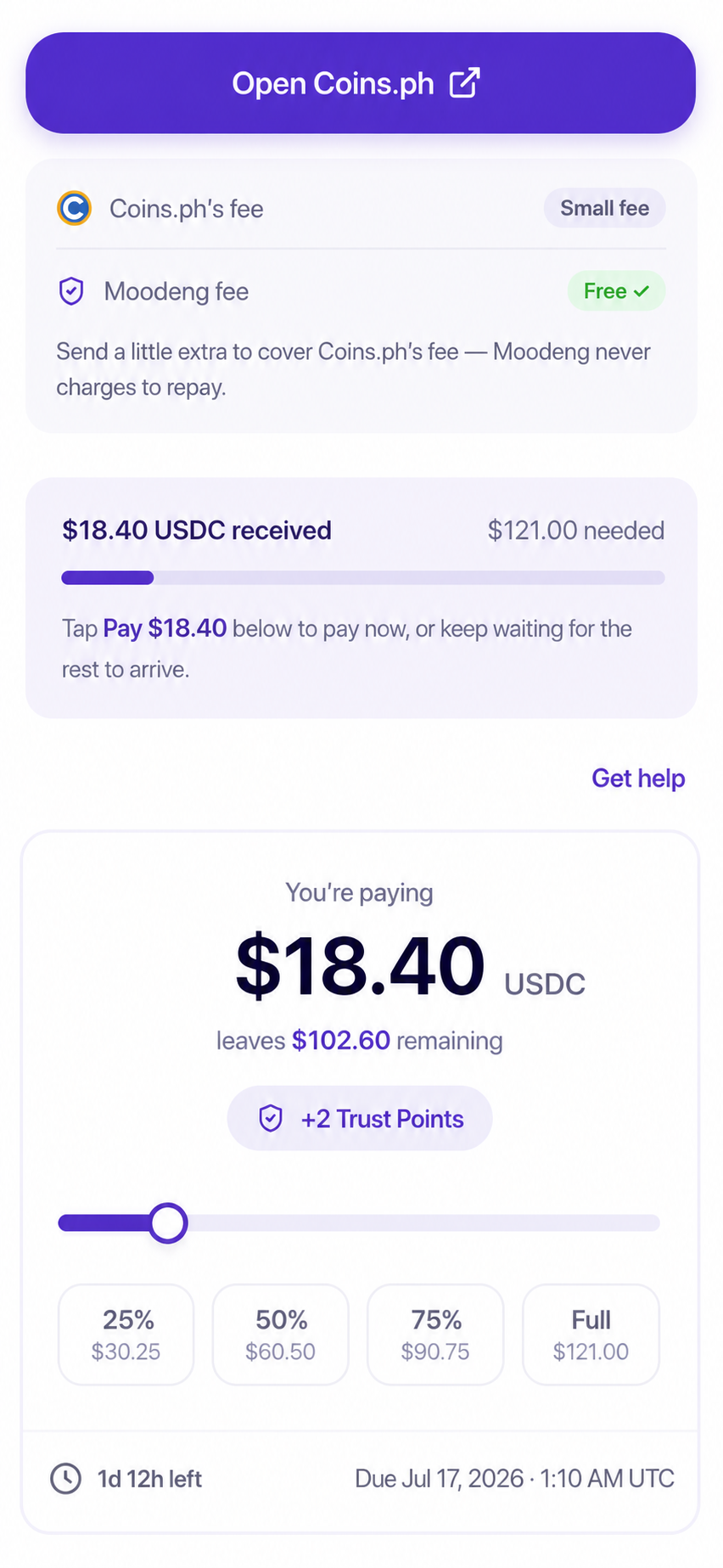 Current Moodeng repay screen showing provider and Moodeng fees, received USDC, remaining need, and a partial payment