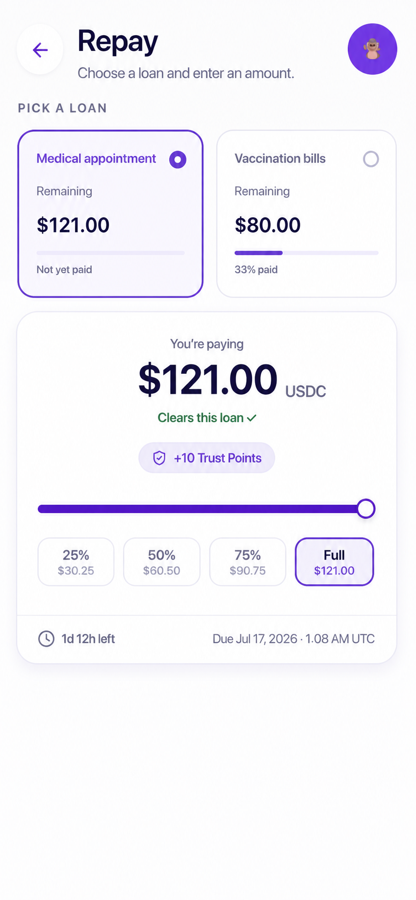 The current Moodeng repayment screen showing partial and full payment controls