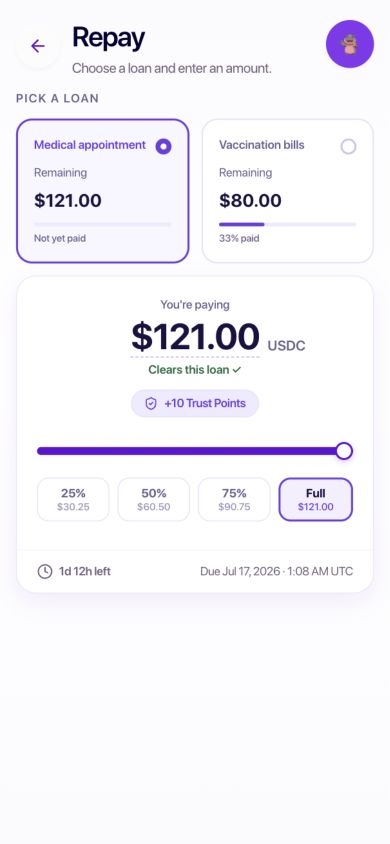 The current Moodeng repayment screen showing partial and full payment controls