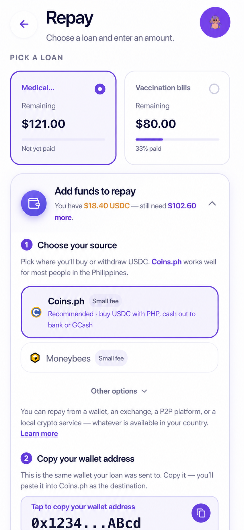 Current Moodeng repay screen showing two loans and the expanded add-funds source selector