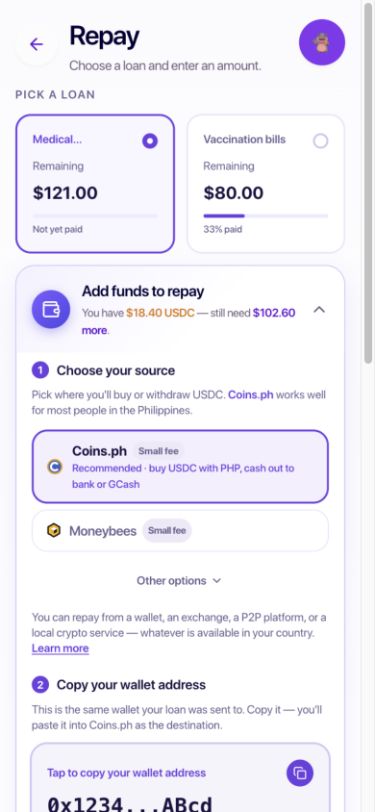 Current Moodeng repay screen showing two loans and the expanded add-funds source selector