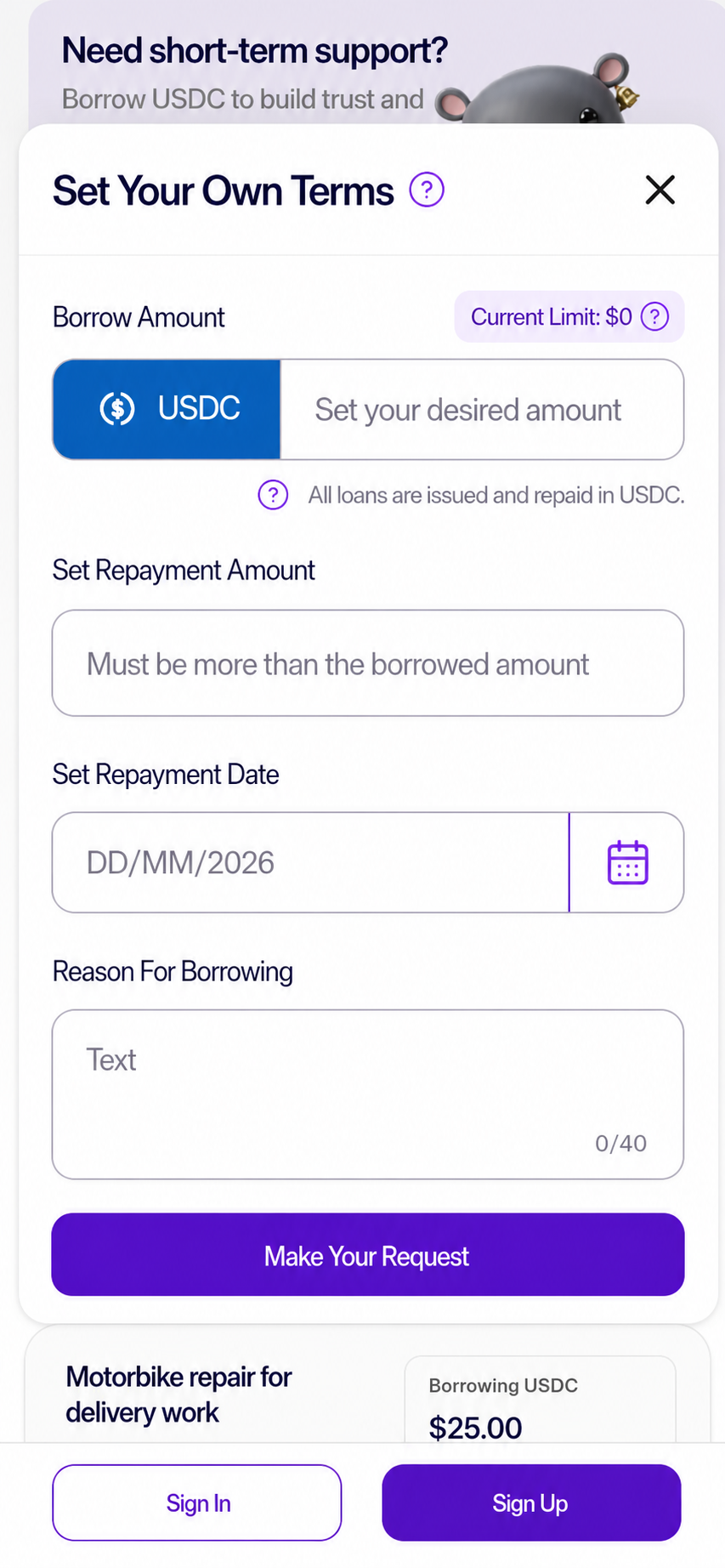 Moodeng request form with fields for amount, repayment, date, and reason