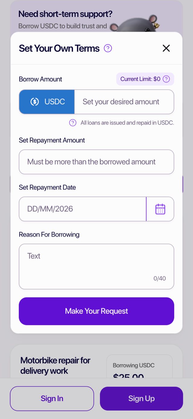 Moodeng request form with fields for amount, repayment, date, and reason