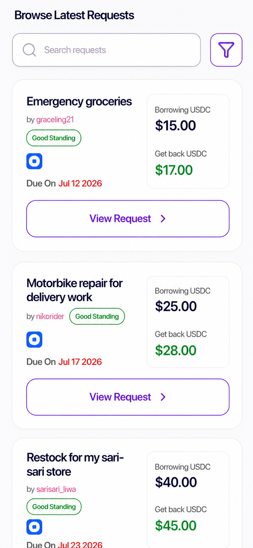 The current Moodeng funding board showing request amounts, expected returns, and due dates