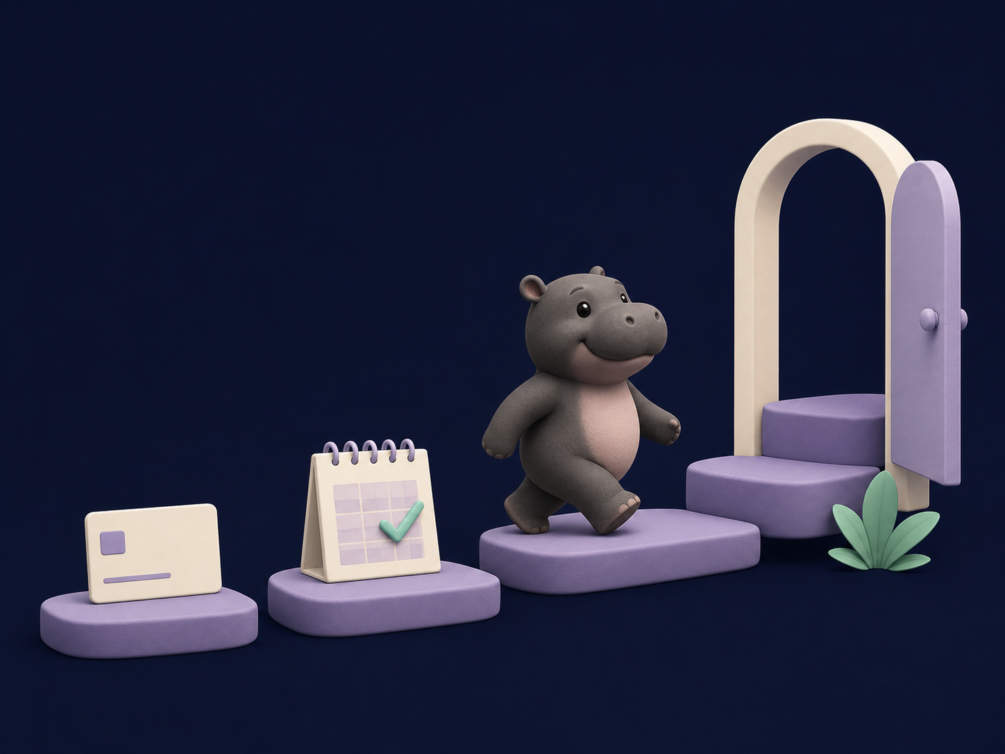 A small hippo crossing four steps: a loan card, an on-time repayment calendar, and an open door to the next level