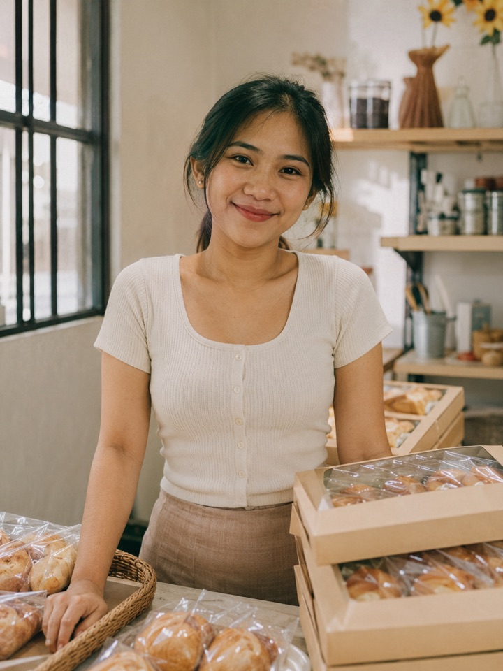 Illustrative portrait: a bakery owner with trays of fresh bread