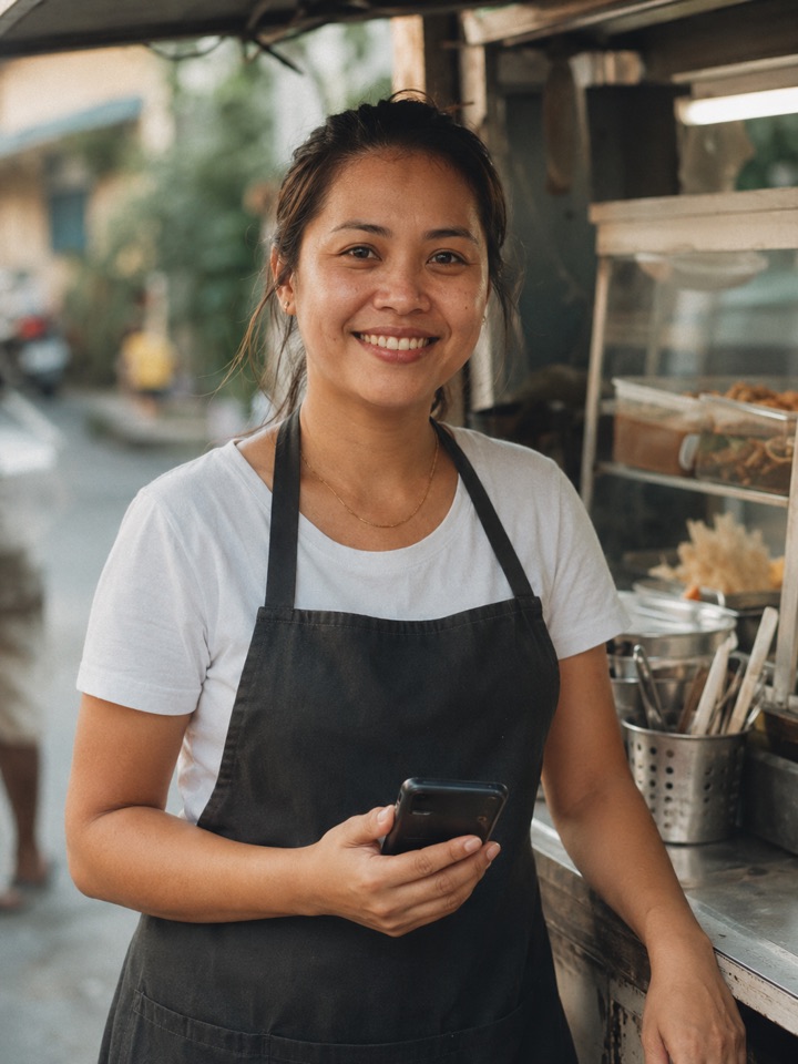 Illustrative portrait of a woman running a neighborhood food stall