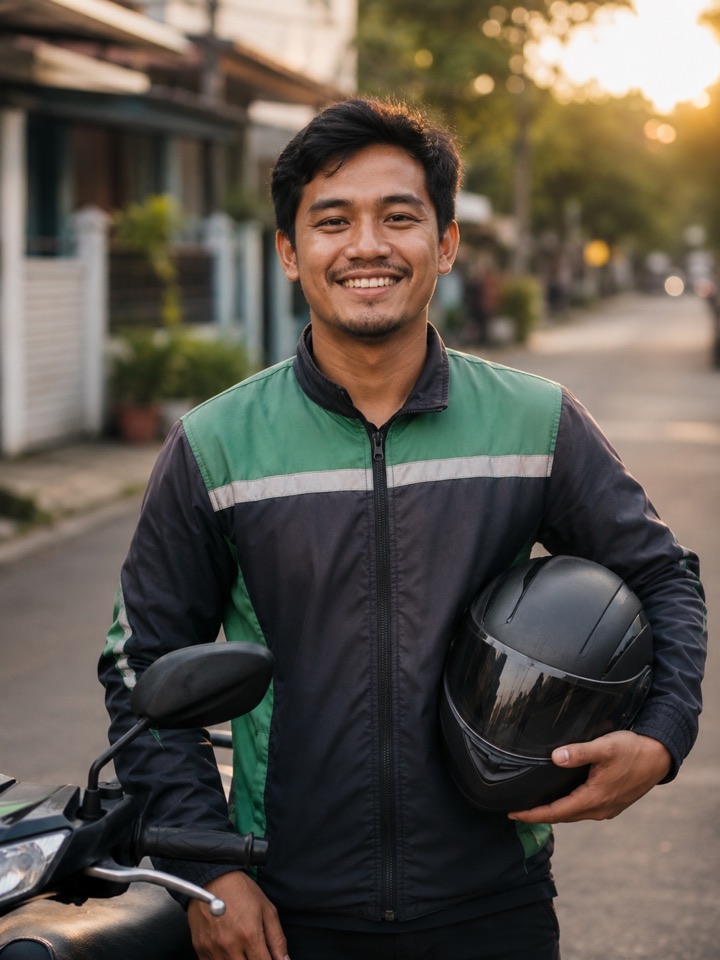 Illustrative portrait: a delivery rider holding his helmet at sunset