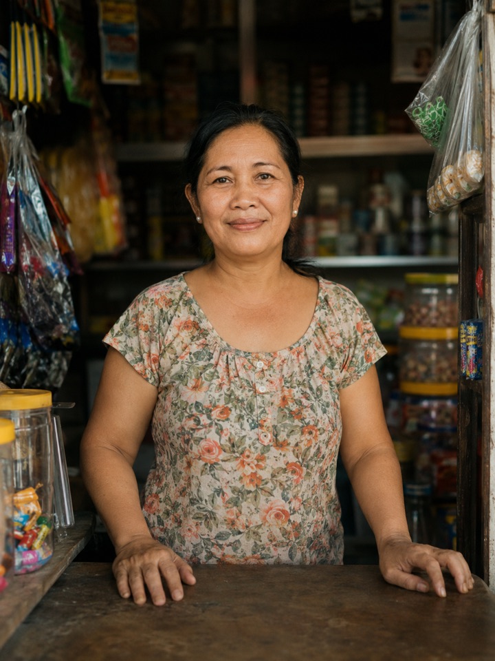 Illustrative portrait: a sari-sari store owner at her counter