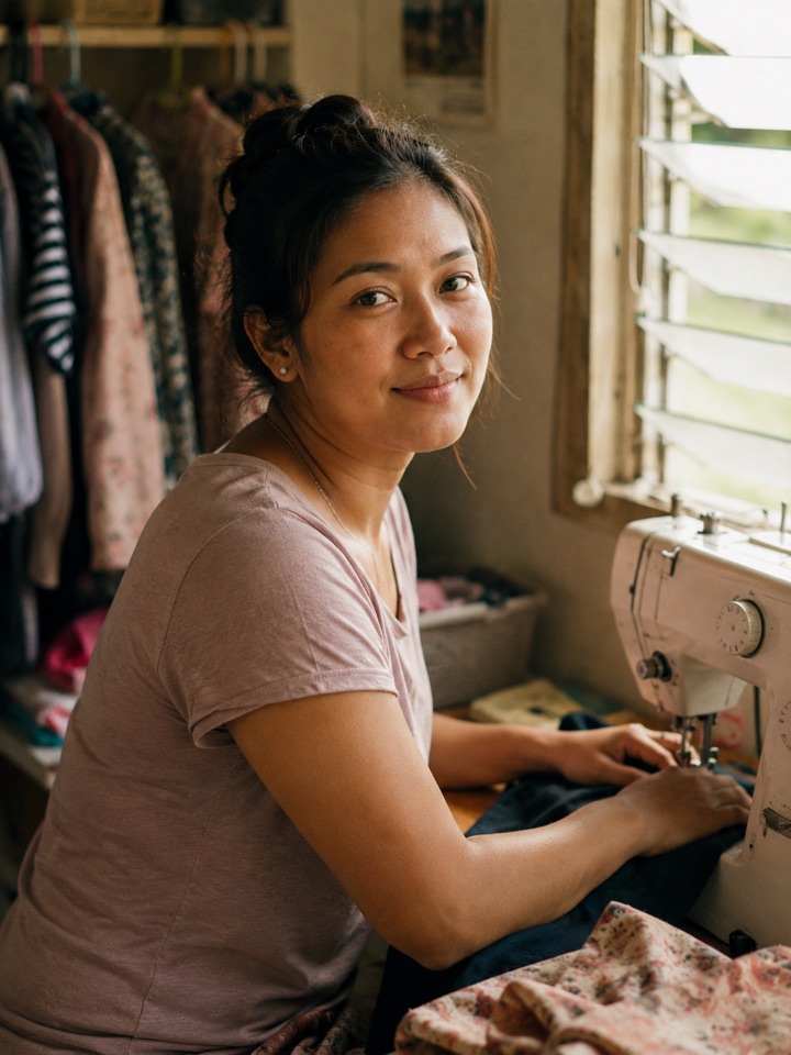 Illustrative portrait: a seamstress working at her machine by a window