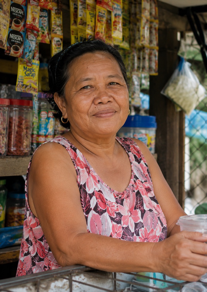Illustrative portrait: a snack-stall owner at her tindahan counter