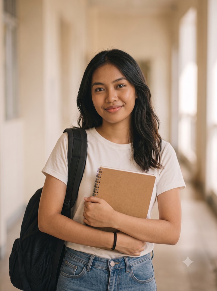 Illustrative portrait: a college student holding her notebooks in a corridor