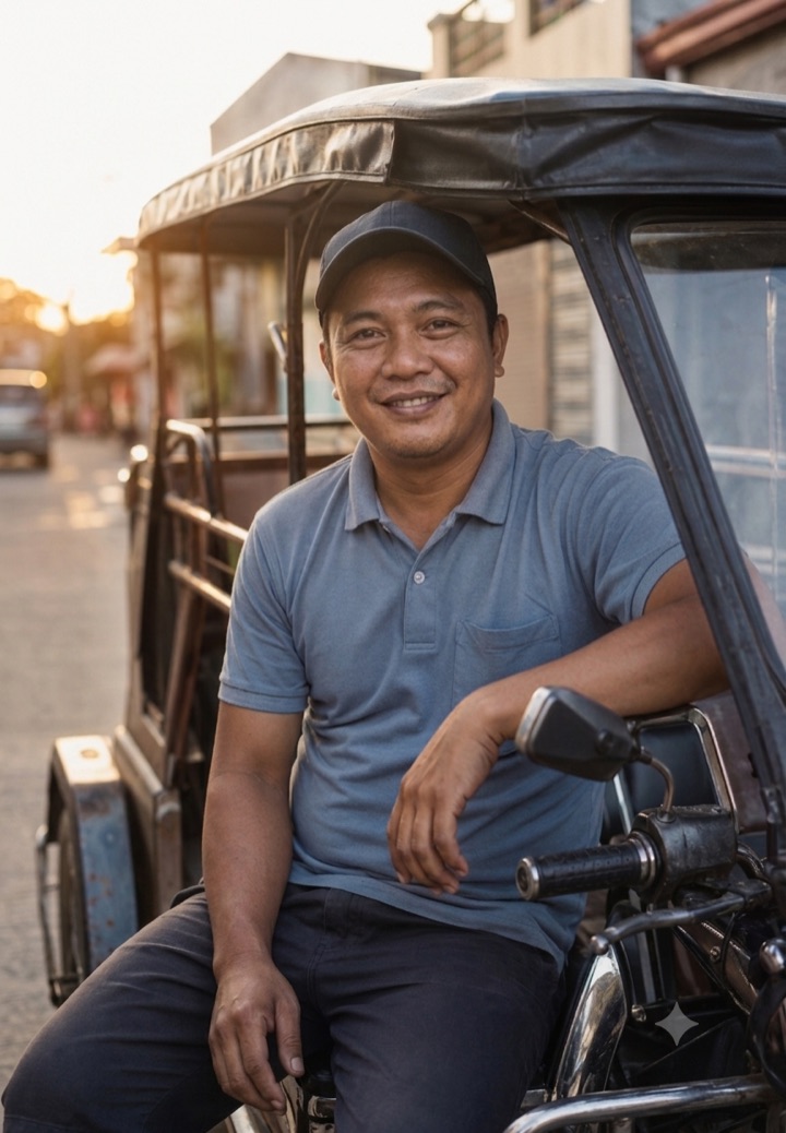 Illustrative portrait: a tricycle driver resting on his parked tricycle