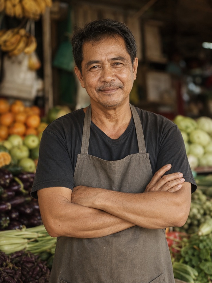 Illustrative portrait: a market vendor standing at his produce stall