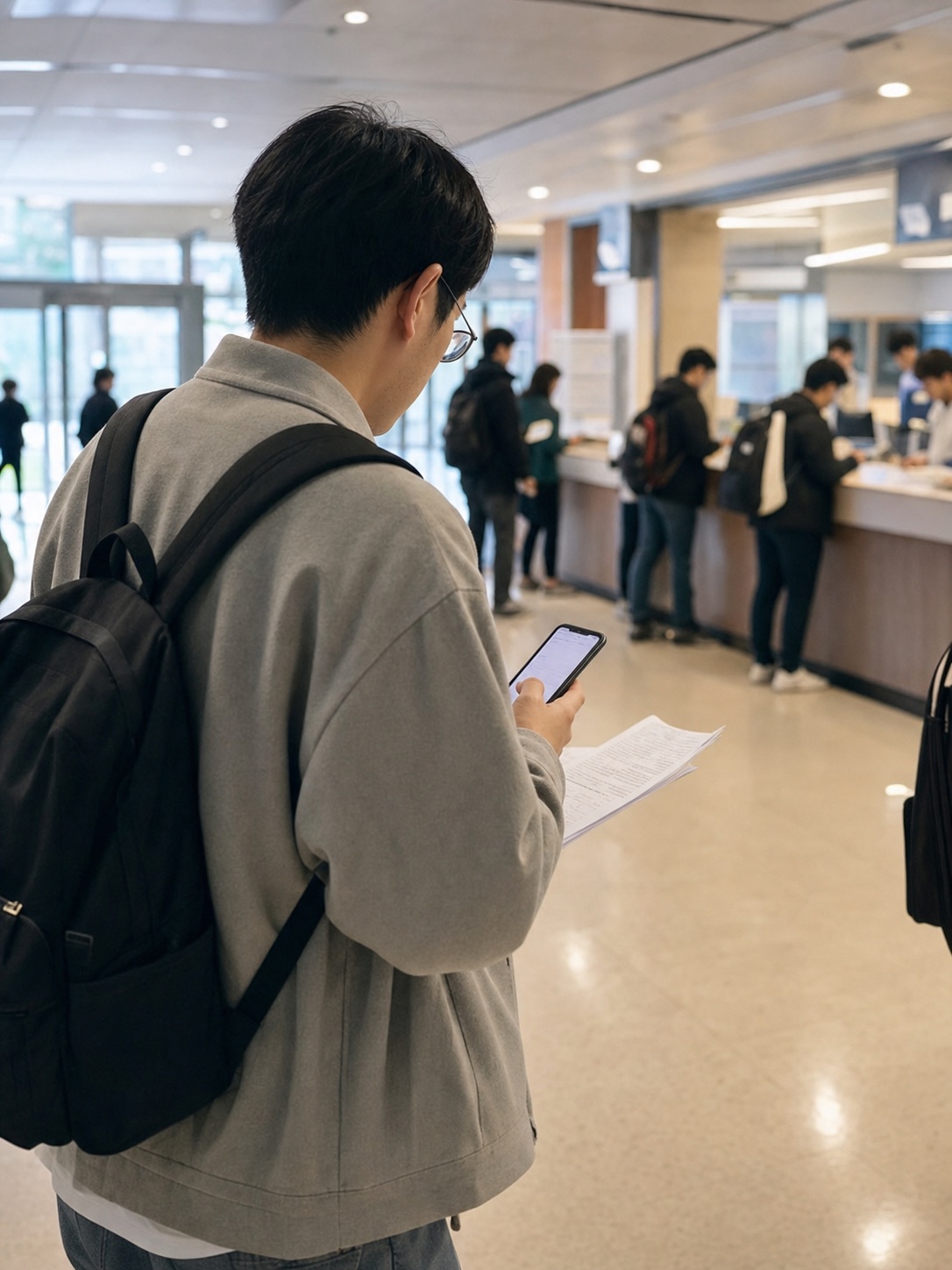 Illustrative scene of a university student checking enrollment papers at a campus counter