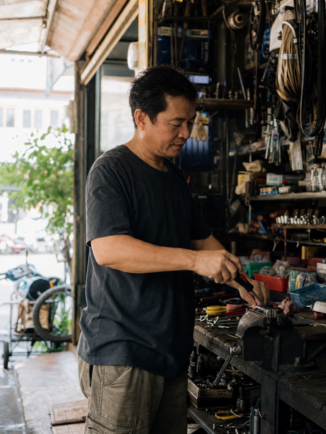 Illustrative scene of a repair-shop owner testing a tool at the workbench