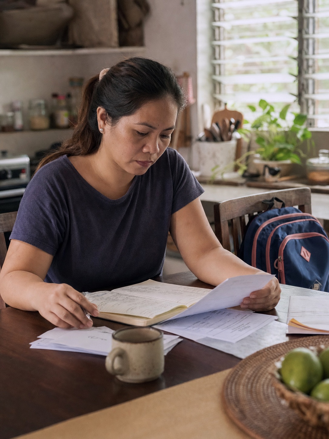 Illustrative scene of a mother reviewing school enrollment papers at home