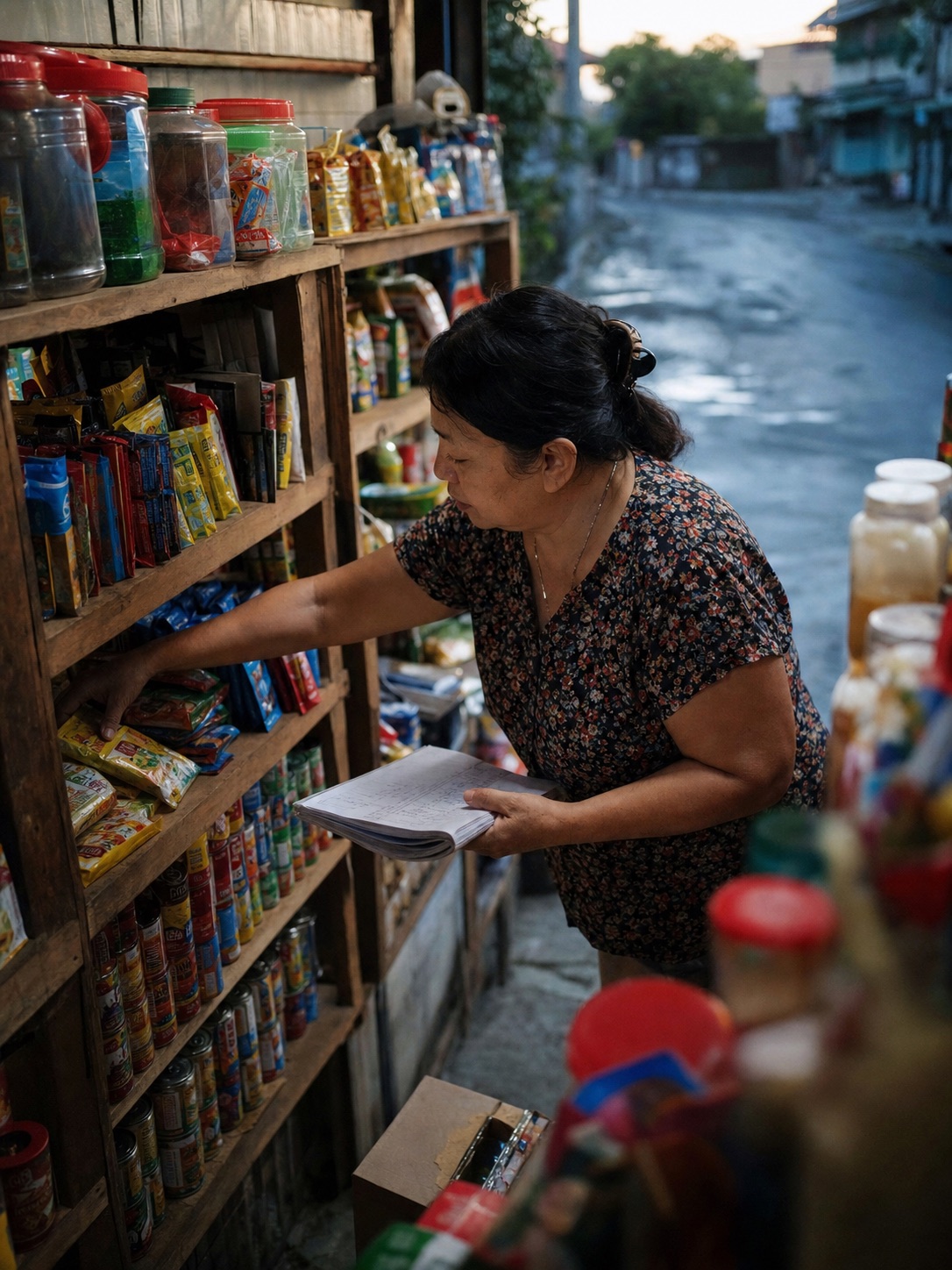 Illustrative scene of a neighborhood shop owner restocking shelves at dawn